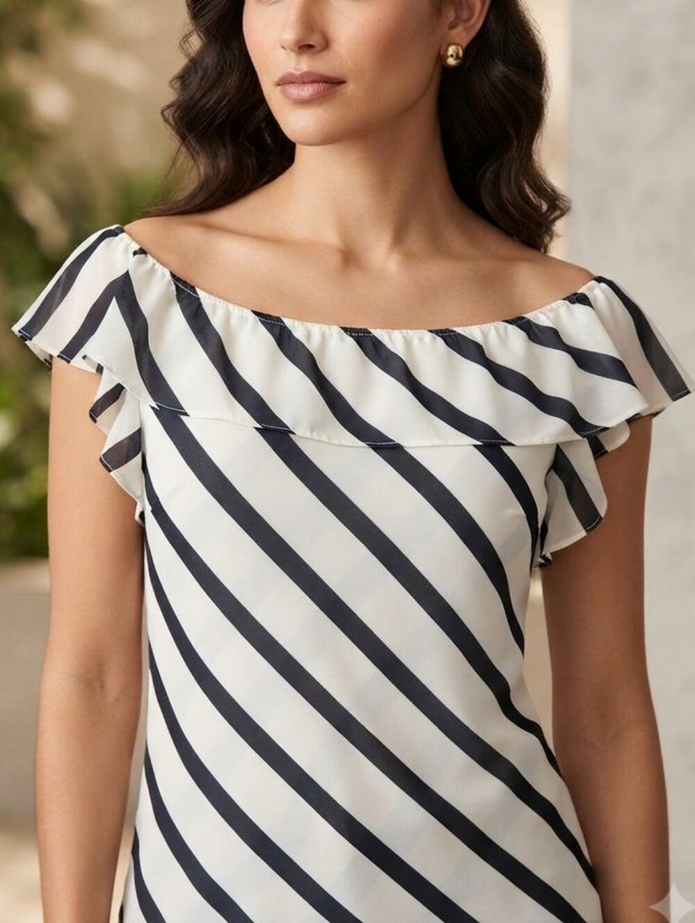 NEW Worthington Off-Shoulder Ruffle Stripe Top Blouse Sz Size L